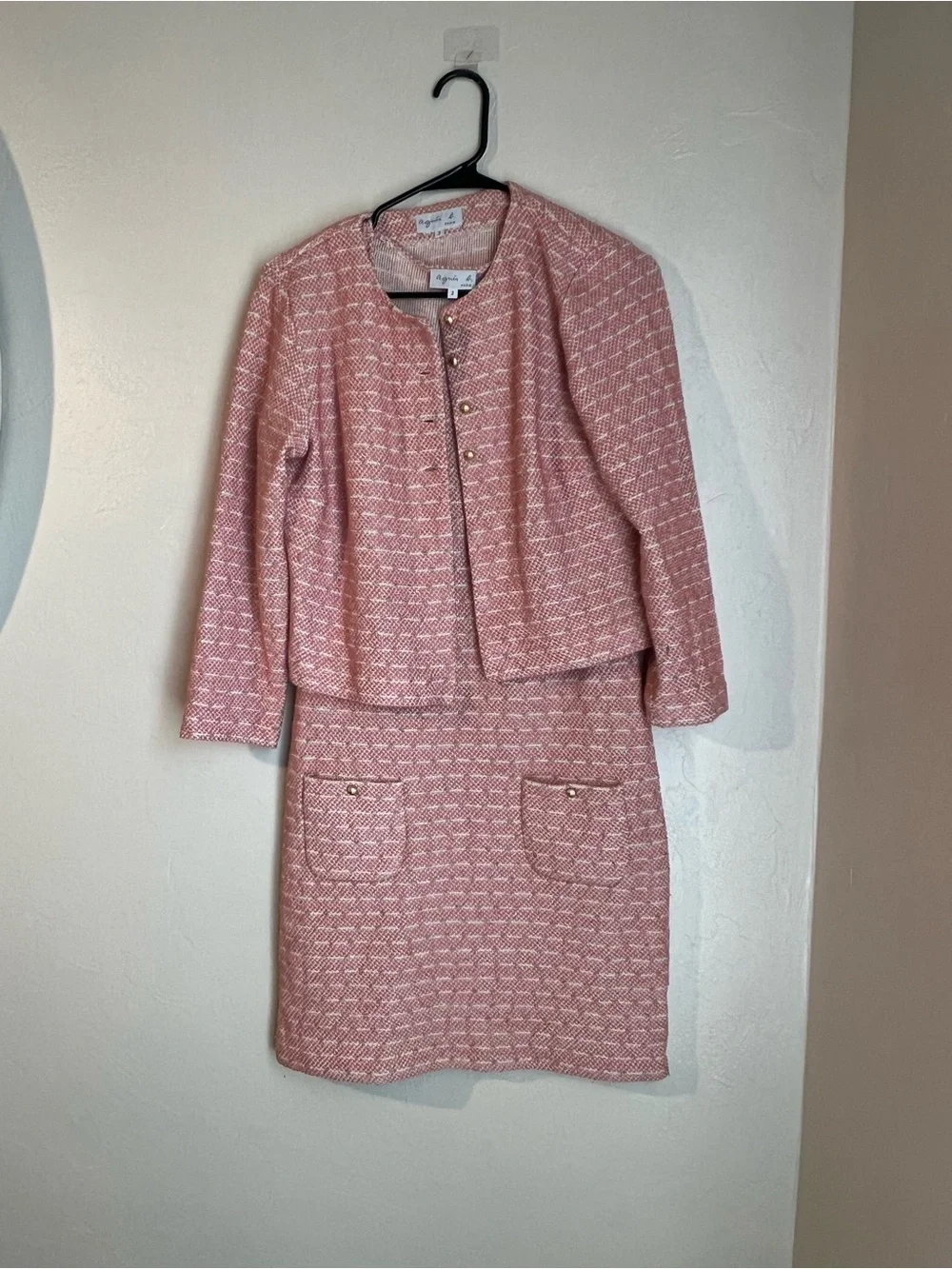 Agnes B. Pink Tweed Two-Piece Skirt Set with Gold Buttons